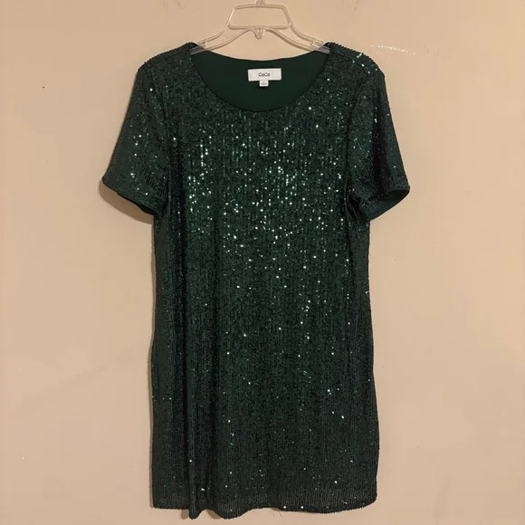 CeCe Emerald Green Sequin Godet Short Sleeve Shimmer Dress M - Picture 3 of 14